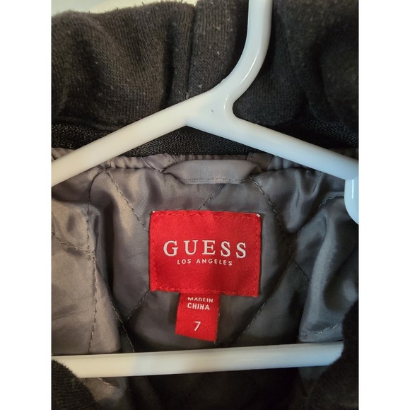 GUESS Boys Youth Varsity Wool Blend Hooded Jacket Full Zip Black & Gray Size 7 - Picture 5 of 10